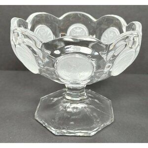 Fostoria Frosted Glass Clear Eagle 1886 Coin Dot Pedestal Compote Candy Bowl VTG